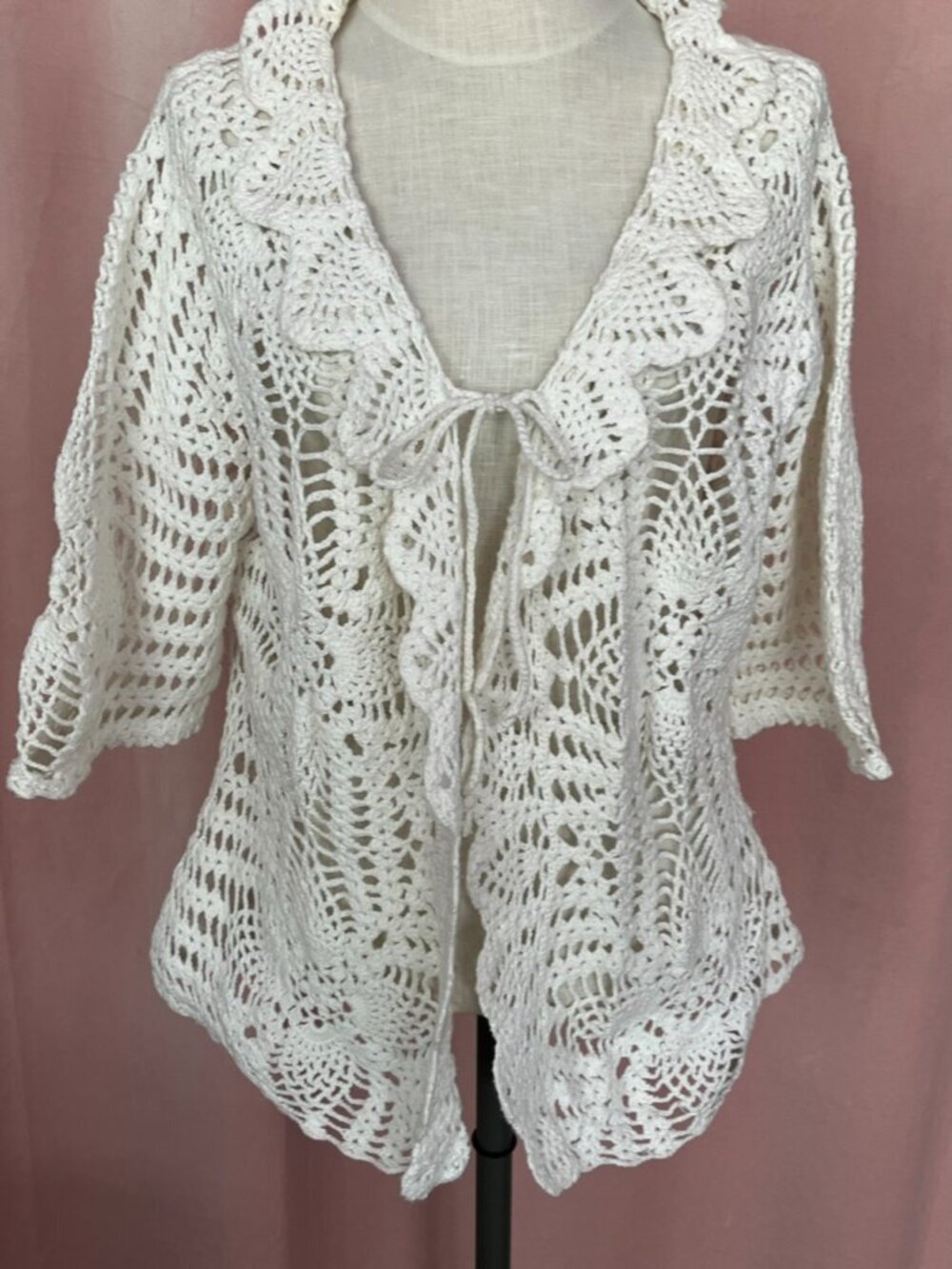 100% Cotton Crochet Cardigan XL Cream Knit Tie Front Boho Sweater - Picture 3 of 5